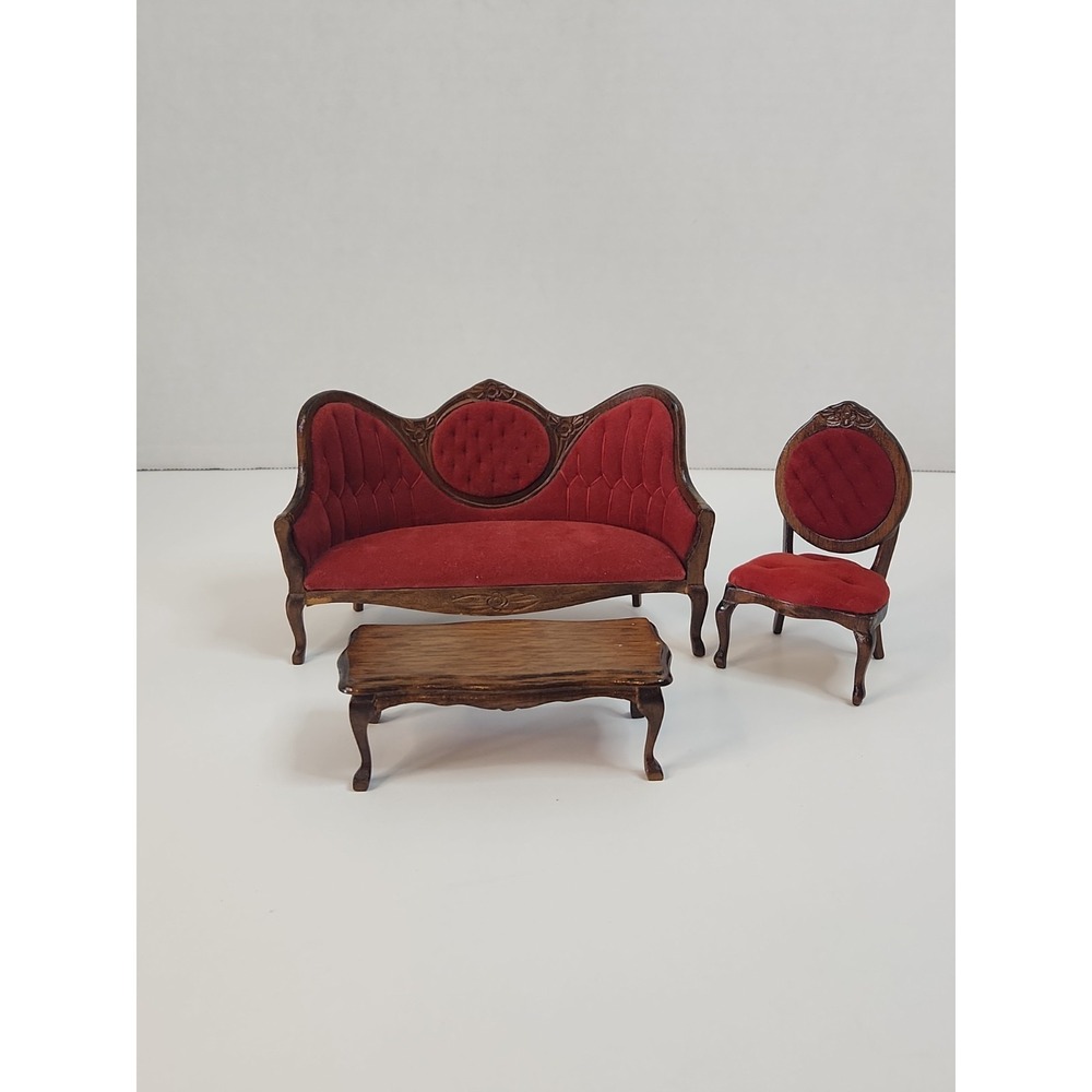 Vintage 1:12 Dollhouse Parlor Set Red Velvet Sofa Chair Table Taiwan ROC Wood
